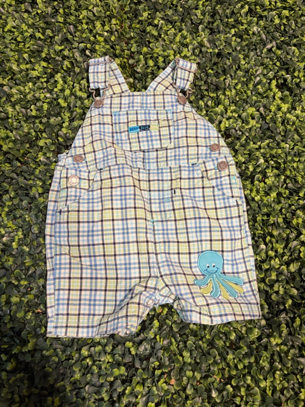 Carters Plaid Short Overalls with Octopus Patch - Blue/Green